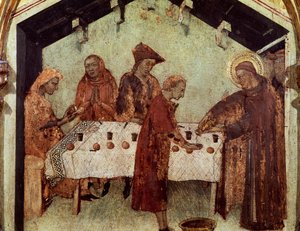 Louis bedient die Mönche am Tisch, Detail aus dem Leben von Louis von Toulouse, aus der Predella von Saint Louis Bischof von Toulouse, der seinen Bruder Robert von Anjou, König von Neapel, krönt