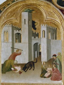 Das Wunder des Kindes, das zwischen den Fängen eines Wolfes gefangen ist. Teil des Triptychons Geschichte des Eremiten von St. Augustinus von Simone Martini