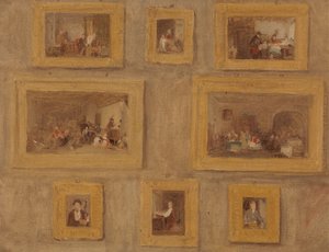 Das einzige Kind; Die Maultrommel; Der Schnittfinger; Blindekuh; Der Zahltag; Der schottische Dudelsackspieler; Das Prieu-Dieu; und Selbstporträt: Eine Skizze der acht Gemälde gerahmt und an einer Wand hängend