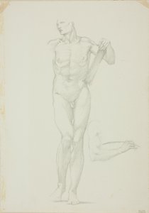 Stehender Mann mit Tafel; separate Skizze des rechten Arms
