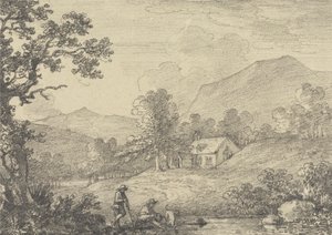 Zwei Figuren am Teichrand und eine Kirche in einer hügeligen Landschaft