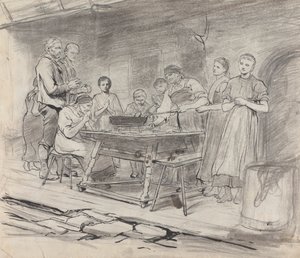 Studie von Frauen und Männern, die vor einer Mahlzeit das Tischgebet sprechen von Sir Hubert von Herkomer