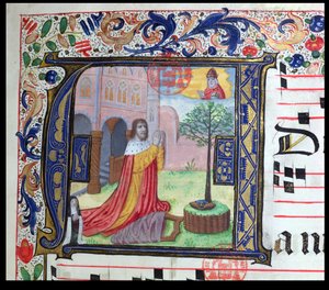Historiierte Initiale A, aus einem Temporale, verwendet von den Schwestern der Kongregation der Karmelitinnen von Brügge, geschrieben von Schwester Margarita Bruynewe, 1505 (Detail) von Sister Cornelia Wulfekkercke