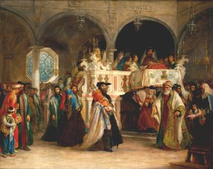 Das Fest der Freude der Tora in der Synagoge in Livorno, Italien, 1850 von Solomon Alexander Hart