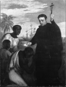 Ein Jesuitenmissionar, vielleicht Manuel de Nobrega oder Peter Claver, tauft Schwarze von Spanish School