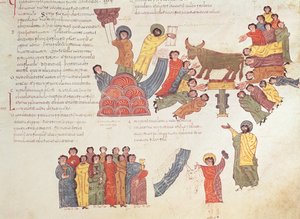 Anbetung des Goldenen Kalbs, aus der westgotisch-mozarabischen Bibel des hl. Isidor, fol. 46r., 960 n. Chr.