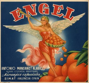Werbung für Orangen, Bild einer geflügelten Frau. Werbeplakat, Valencia