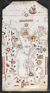 Karte des Mittelmeers und des Schwarzen Meeres, und ein Teil des Atlantiks, von den Britischen Inseln im Norden bis zu den Kanarischen Inseln im Süden; mit den Küstenlinien; und mit den Namen der wichtigsten Städte auf Spanisch, von Jaume Oliues, Mallorqui von Spanish School