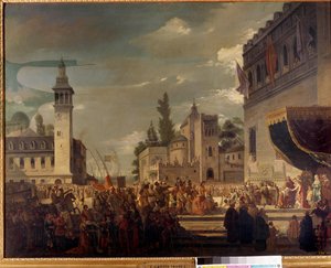 Christoph Kolumbus präsentiert indigene Völker Ferdinand II. und Isabella I. von Kastilien in Barcelona: die Präsentation der Bewohner Amerikas an die katholischen Könige durch den Entdecker Christoph Kolumbus (1451-1506). Gemälde von Garcia Ibanez