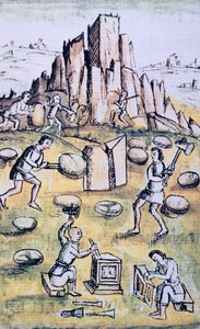 Codex der Eroberung Mexikos: Steinmetzarbeit von Spanish School