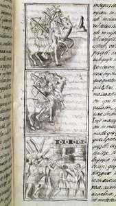 Codex der Eroberung Mexikos: Die Spanier bereit zum Angriff auf die Stadt Tenochtitlan. Miniatur des Florentiner Manuskripts 
