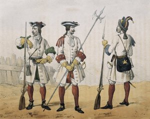 Geschichte der spanischen Infanterie- und Kavalleriewaffen, 1851-1859. Linieninfanterie während der Herrschaft von Philipp V. von Spanien. Schütze, Sergeant und Grenadier (1707-1718). Lithografie. Spanien.
