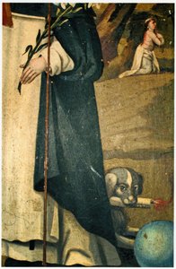 Detail zeigt die Lilie, den Stab und den Hund mit Fackel, Attribute des St. Dominikus