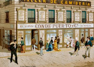 Mode: Werbeplakat für den Stoffladen "Conde Puerto" Boutique Barcelona. 19. Jahrhundert von Spanish School