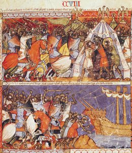 Fol.108r Die Trojaner greifen das griechische Lager an und setzen die griechischen Schiffe in Brand, aus dem Codex Benito de Santa Mora