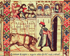 Fol.200r Tod eines Stiers in der Arena, aus dem Manuskript unter der Leitung von Alfonso X Der Weise König von Kastilien und León von Spanish School