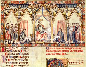 Der Hof von Alfons X., Miniatur aus den Cantigas de Santa Maria