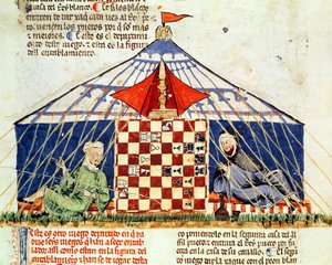 Fol.62v Zwei Araber spielen Schach in einem Zelt, aus dem Buch der Spiele, Schach, Würfel und Bretter, 1282