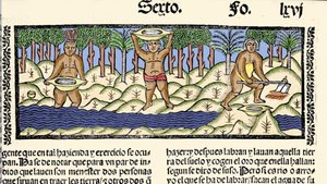 Goldsuche: Einheimische sieben den Fluss nach Gold. Gravur aus dem Buch „Historia general de las Indias, islas y tierra firme del mar oceano“ von Gonzalo Fernandez de Oviedo