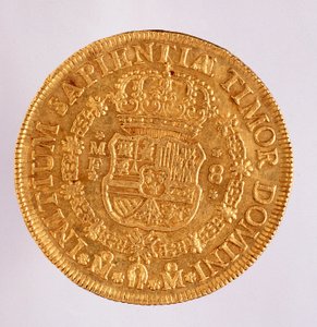 Goldmünze (8 Ecu) aus Spanien: Herrschaft von Philipp V. (1700-1746). 1739 Durchmesser 3,6 cm Neapel, Archäologisches Museum