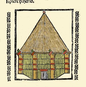 Lebensraum: Beschreibung der Hütte der karibischen Ureinwohner. Gravur aus dem Buch „Historia general de las Indias, islas y tierra firme del mar oceano“ von Gonzalo Fernandez de Oviedo (Gonzalo) oder Fernandez de, oder Hernandez de Oviedo y Valdes (1478-1 von Spanish School