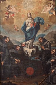 Unbefleckte Empfängnis mit gärtnerischen Franziskanern. Ursprung des Chors. Signiert unten links „ADEVOZION DE DA TERESA, Sanchez Yepros?“. 18. Jahrhundert. von Spanish School