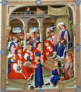Jaume Marquilles übergibt sein Buch den Ratsherren von Barcelona in Anwesenheit von König Alfons IV. dem Großmütigen, 15. Jahrhundert