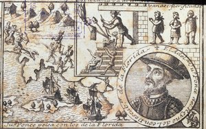 Juan Ponce kämpft gegen die Eingeborenen Floridas von Spanish School