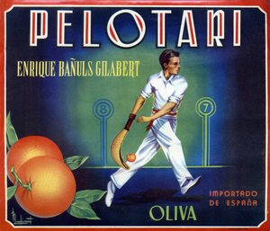 Etikett für Orangen „Pelotari“ produziert von Oliva in Valencia, Spanien. Illustration eines baskischen Ballspielers, 20. Jahrhundert