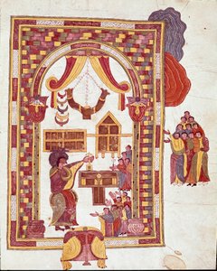 Mozarabische Kunst: der Tempel von Jerusalem, Aaron als Hohepriester vor einem Altar. Miniatur aus einer mozarabischen Bibel. 10. Jahrhundert. León. Bibliothek der Königlichen Kollegiatkirche von San Isidoro. Spanien von Spanish School