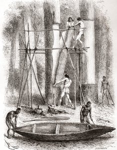 Einheimische Indianer bauen ein Kanu am Ufer des Oyapock oder Oiapoque Flusses, Südamerika (Gravur) von Spanish School
