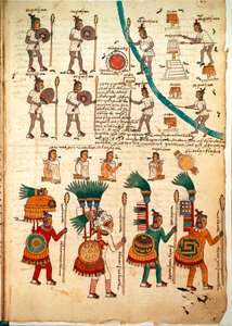 Seite aus dem Codex Mendoza, Aztekische Krieger mit Speeren und Schilden von Spanish School