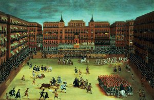 Panorama eines Festes auf der Plaza Mayor in Madrid von Spanish School
