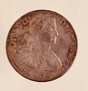 Silbermünze (8 Reales) aus Spanien: Herrschaft von Ferdinand VII. (1808-1833). 1808 Durchmesser 3,9 cm Neapel, Archäologisches Museum