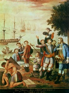 Die Eroberung von Mexiko: Diego Velasquez de Cuellar (1465-1524) wählt Hernando Cortes (1485-1547) als General der Armada und gibt ihm das Kommando
