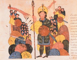 Die Niederlage Goliaths, aus der Westgotisch-Mozarabischen Bibel von St. Isidores, fol.118v., 960 n. Chr. (Tempera auf Pergament) von Spanish School