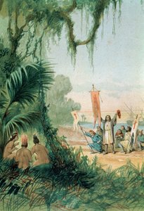 Die Landung von Christoph Kolumbus (1451-1506) auf der Insel San Salvador am 12. Oktober 1492, aus 