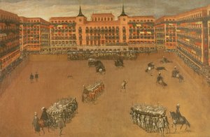 Der Hauptplatz in Madrid während des Festes des großen Stiers von Spanish School