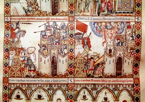 Die Sarazenen belagern eine christliche Stadt. Detail einer Seite aus einem Manuskript des Liedes von der heiligen Maria (Cantigas de Santa Maria), Miniaturen, die der heiligen Maria und ihren Wundern gewidmet sind, eine Sammlung von Liedern, verfasst unte von Spanish School
