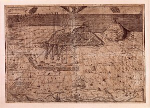 Der Aufstand Kataloniens oder der Krieg der Schnitter (1640-1659), die Belagerung Barcelonas zu Wasser und zu Land durch die Truppen Philipps IV. von Spanien (1605-1665). Gravur 1652. Stadtgeschichtsmuseum, Barcelona