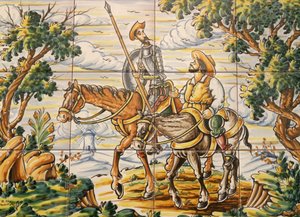 Fliesen mit Don Quixote und Sancho Panza (Keramik) von Spanish School