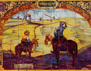Fliesen, die Don Quijote und Sancho Panza zeigen, wie sie sich darauf vorbereiten, die Windmühlen anzugreifen (Keramik) von Spanish School