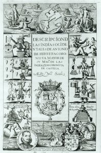 Titelseite von Descripcion de las Indias Ocidentales von Antonio de Herrera y Tordesillas, Madrider Ausgabe, 1725 von Spanish School