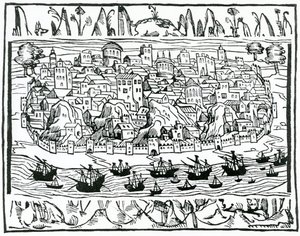 Ansicht von Lissabon aus dem Libro de Grandezas y cosas Memoralder de Espana von Pedro Medina, 1548