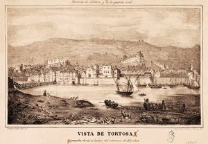Ansicht der Stadt Tortosa in Spanien, in "Historia de Cabrera y de la Guerra Civil" von Damaso Calbo y Rochina de Castro