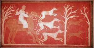 Jagdszene, die Hunde zeigt, die Wild nachjagen. 1150. Fresko aus der Einsiedelei von Baudelio de Berlanga, Soria. Im Prado-Museum aufbewahrt.