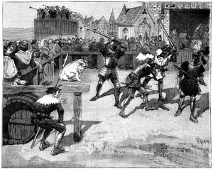 Vier blinde Männer in einem Ring, um ein großes Schwein zu kämpfen, 14.-15. Jahrhundert, 1882-1884