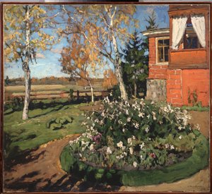 Ein Blumenbeet (Vor einem Haus und einer Landschaft auf dem Land)