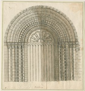 Tutbury Priory Kirche - Bogen in der Westtür: Feder- und Sepia-Zeichnung, undatiert [1762-1802] von Stebbing Shaw