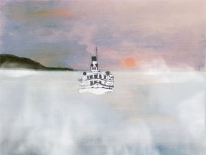 Weißes Boot auf nebligem Wasser von Stefan Bammert